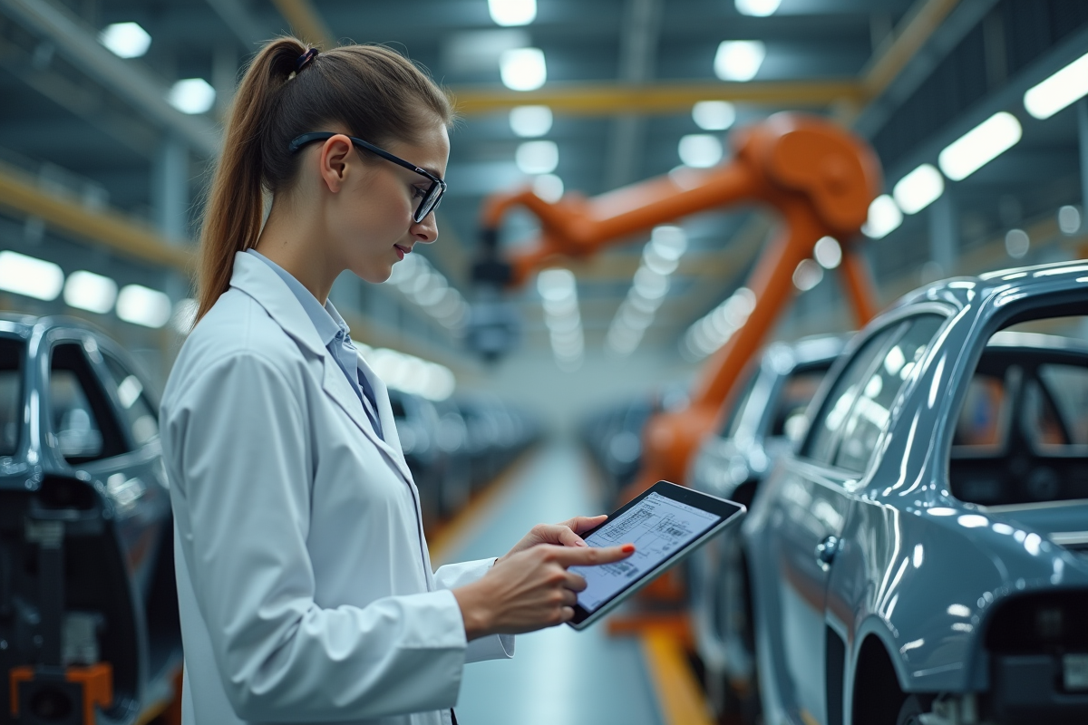 Jeune ingénieure vérifiant un robot d