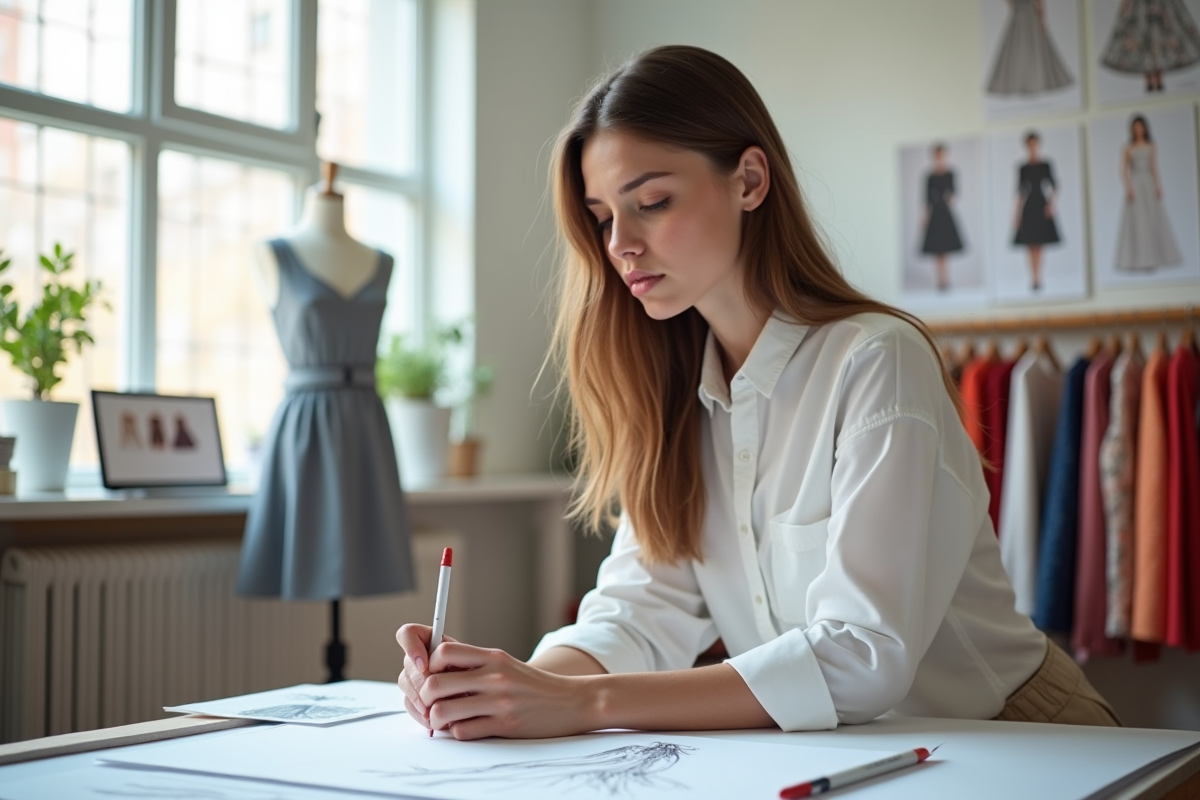 Jeune femme designer esquissant dans un studio moderne