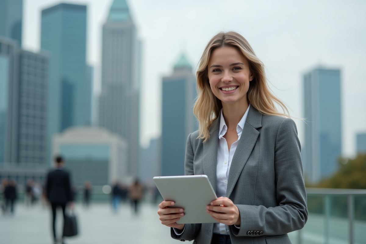Jeune femme professionnelle avec tablette dans le quartier financier