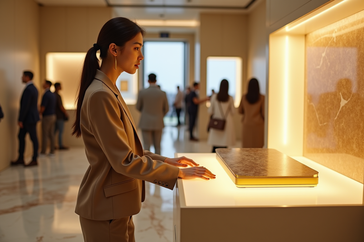Jeune femme admire un ordinateur doré dans un showroom moderne