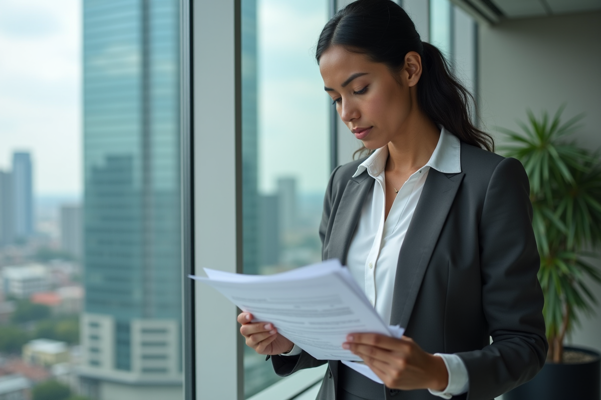 Jeune femme professionnelle analysant des formulaires fiscaux au bureau