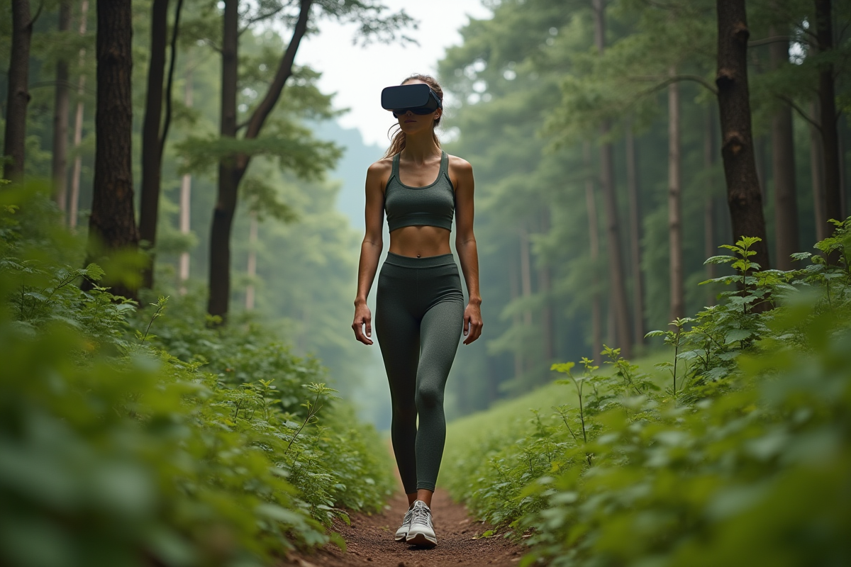 Jeune femme en vêtements écologiques avec VR dans la forêt