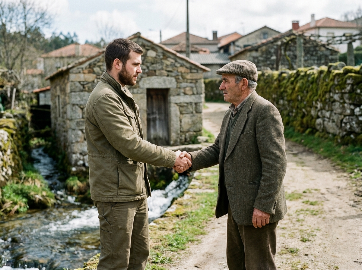 Jeune homme serre la main à un fermier près d une turbine hydro
