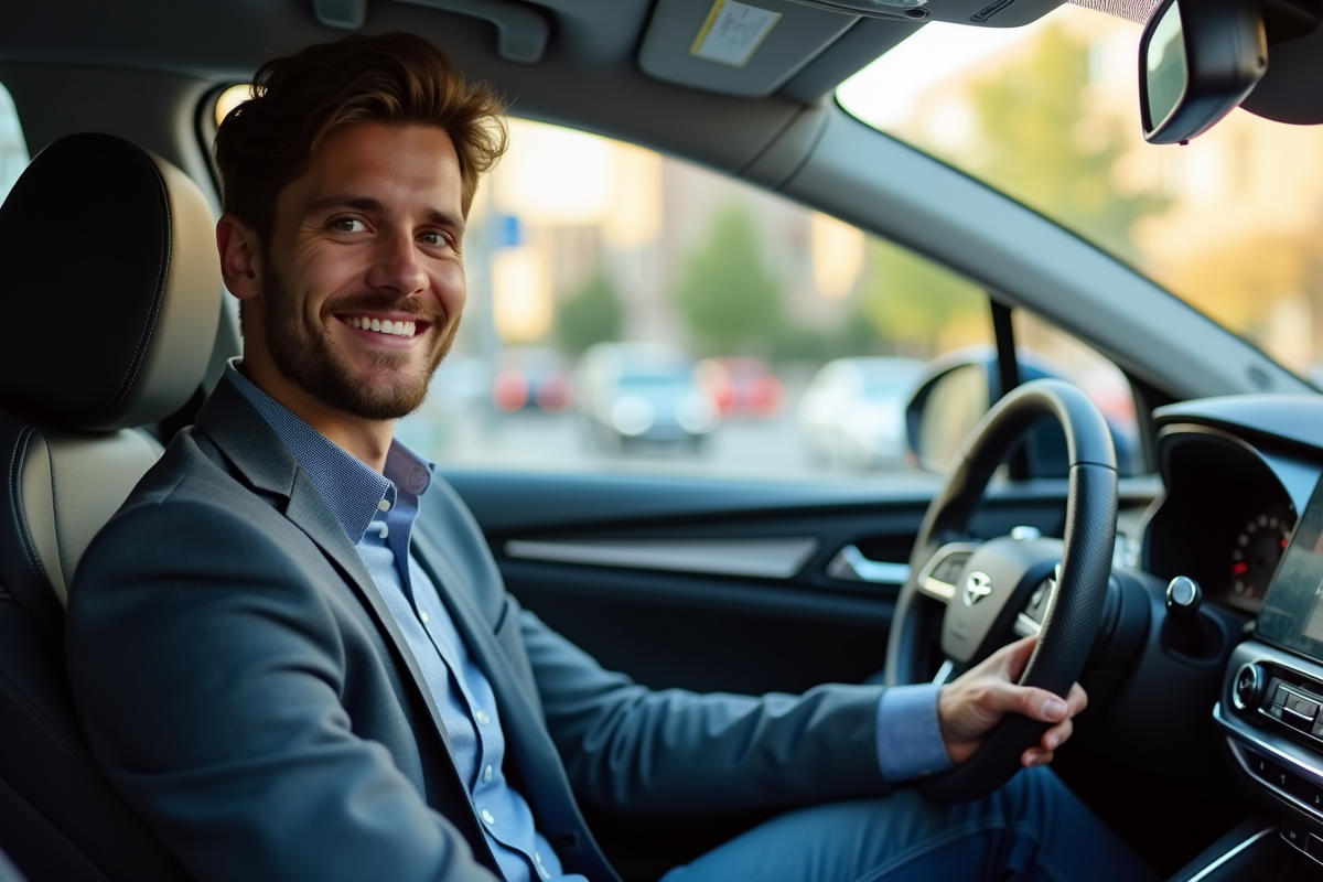 Jeune homme dans une voiture hybride au volant dans un intérieur moderne