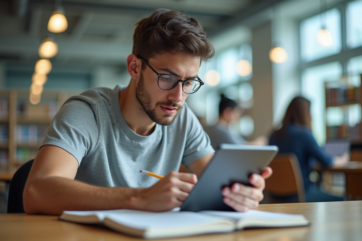 Jeune homme comparant contenu sur tablette et notes dans une bibliothèque