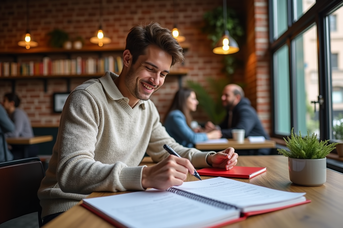 Jeune homme lisant documents traduits au café