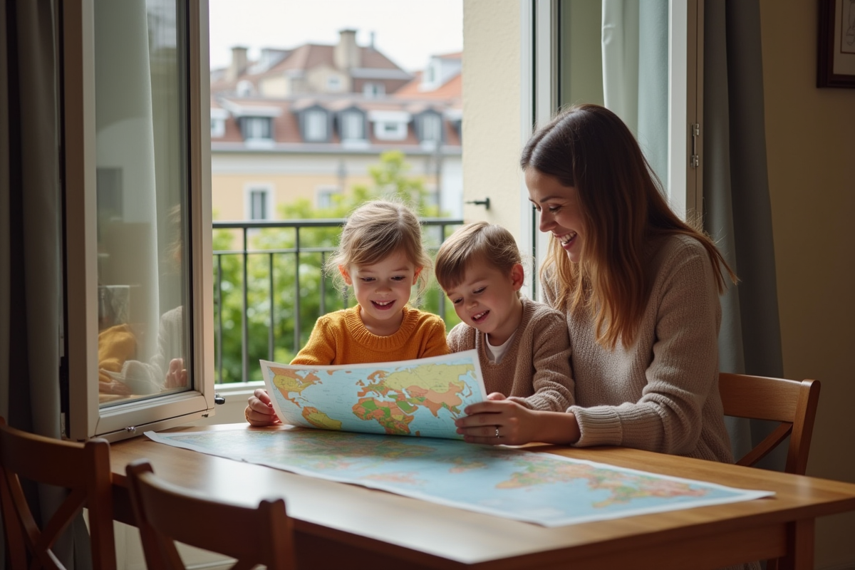 Maman et enfants regardant une carte dans un appartement