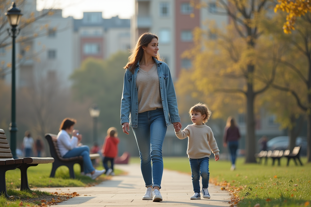 Mère et enfant marchant dans un parc urbain