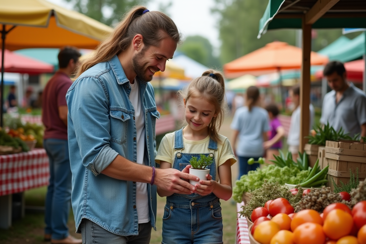 Père et fille examinant une plante au marché en plein air