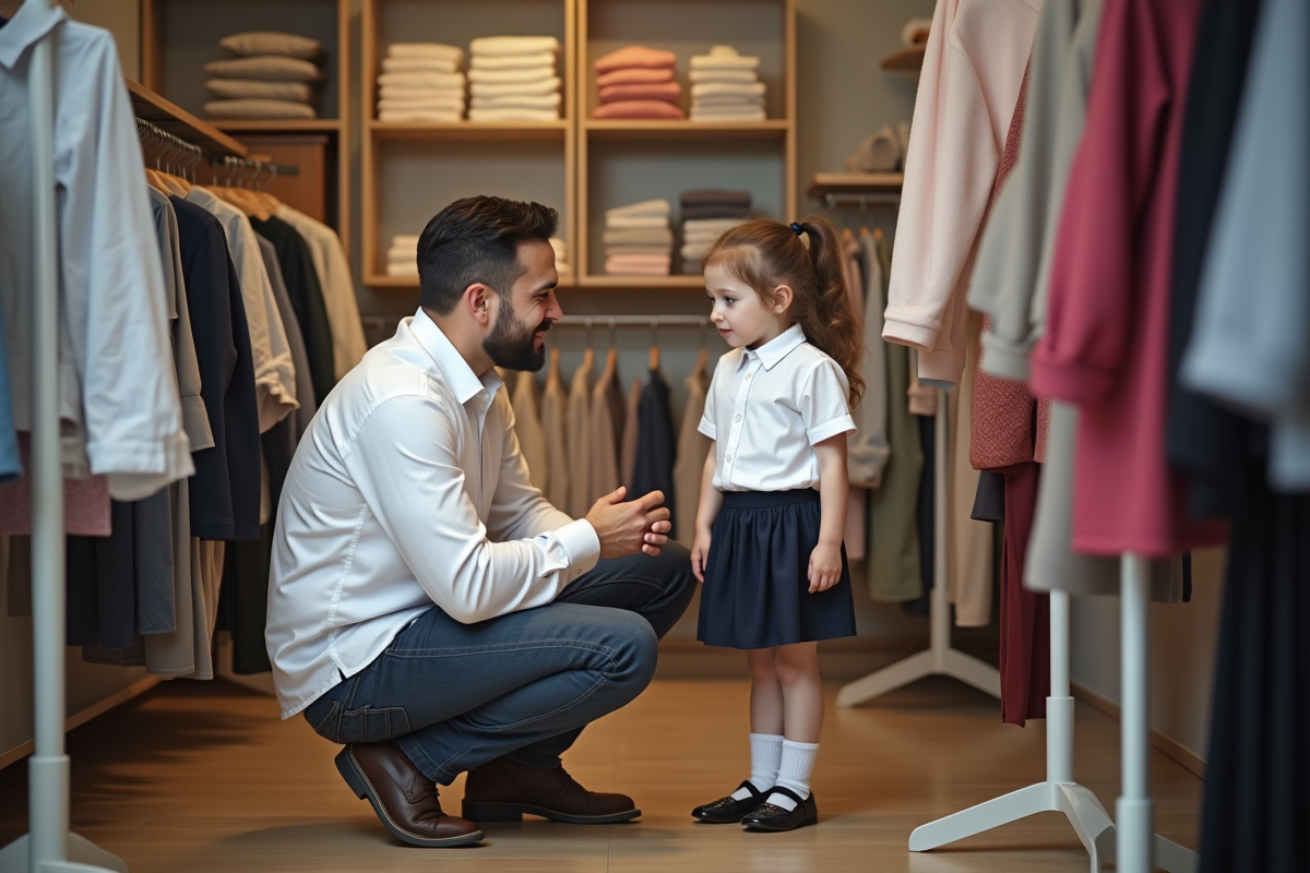 Père aidant sa fille à essayer un uniforme dans un magasin
