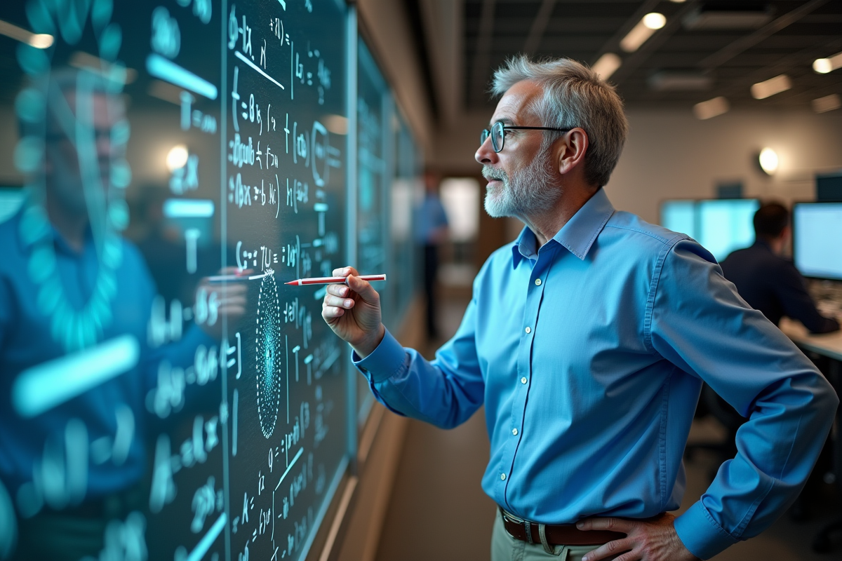 Physicien écrivant des équations dans un laboratoire