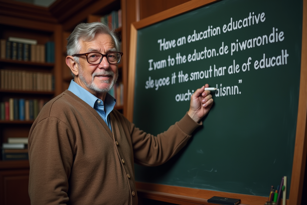 Professeur écrivant une citation sur un tableau noir