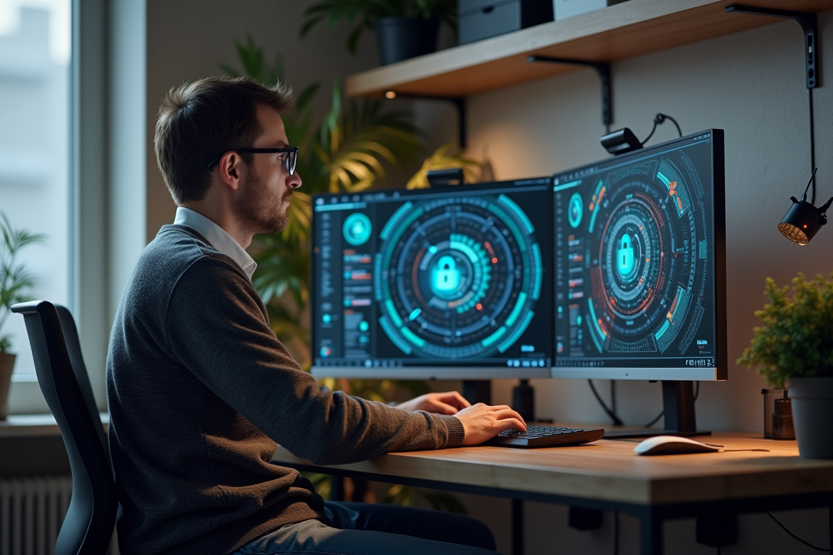 Specialiste informatique travaillant sur un ordinateur blockchain