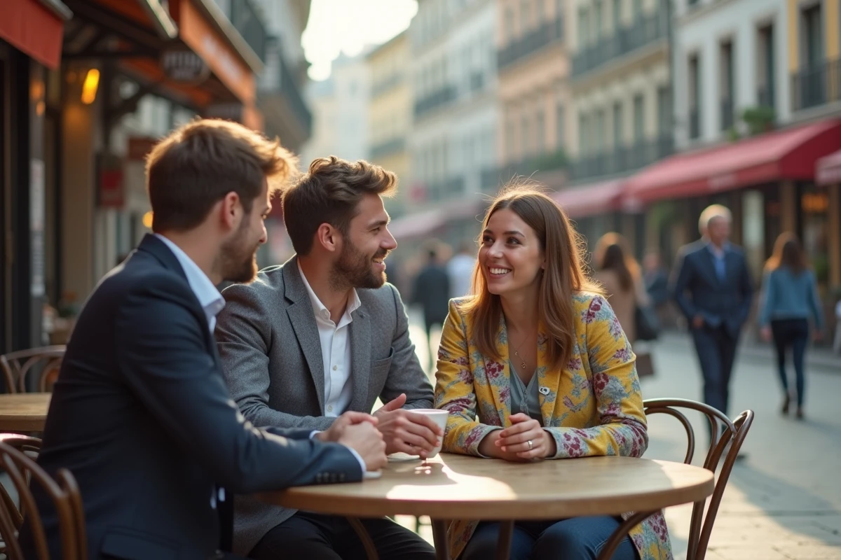 Trois amis discutant dans un café en plein air en ville