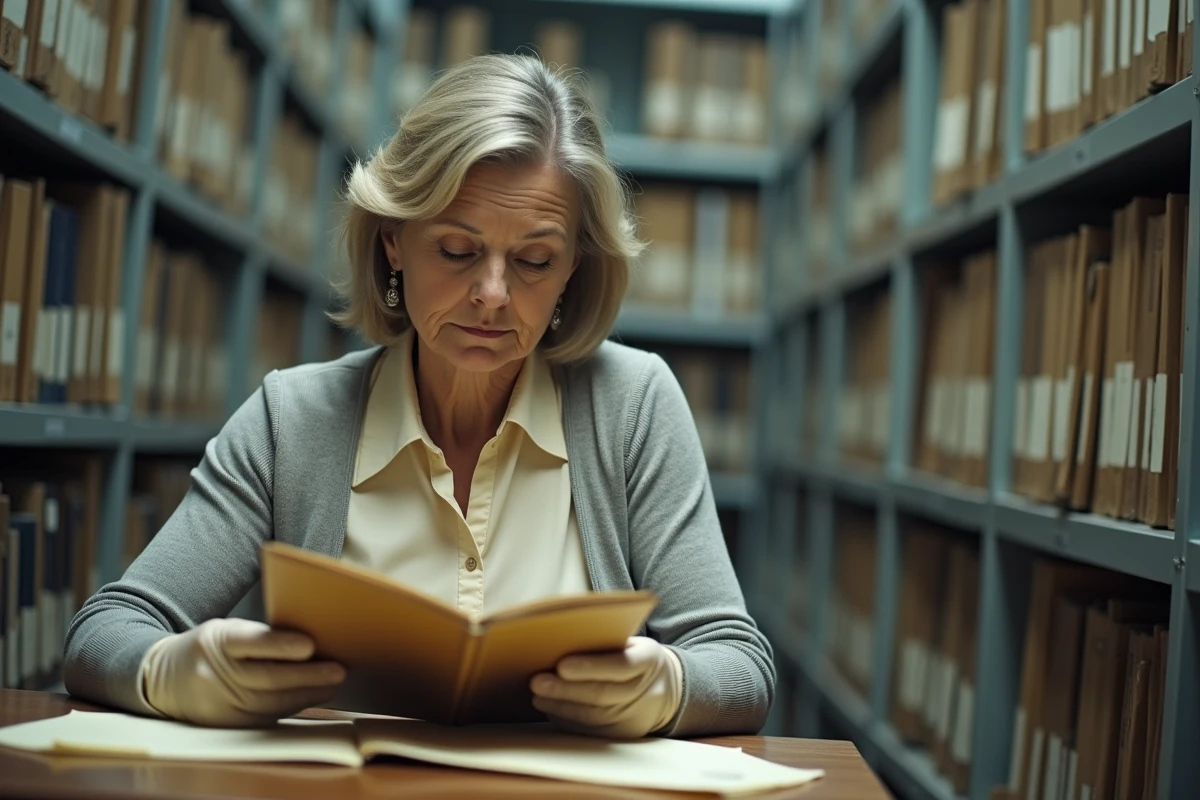 Archiviste examine un dossier vintage dans une salle d archives