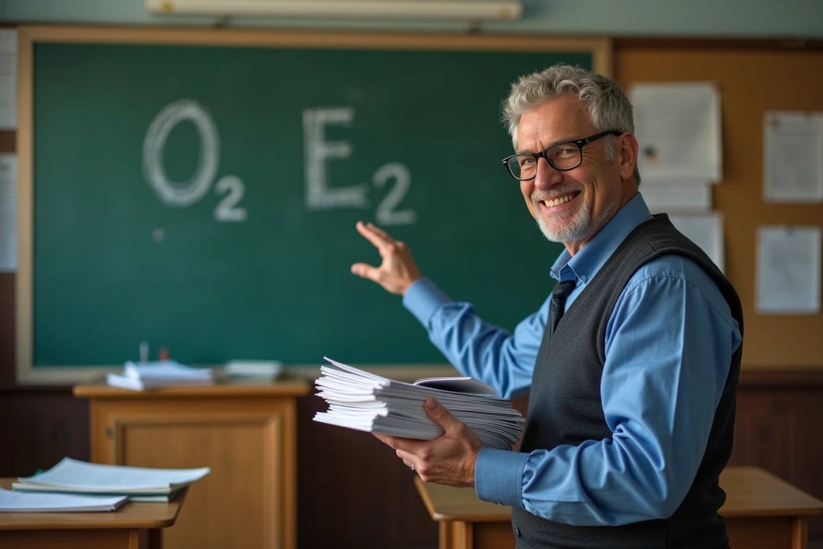 Professeur encourageant devant un tableau noir