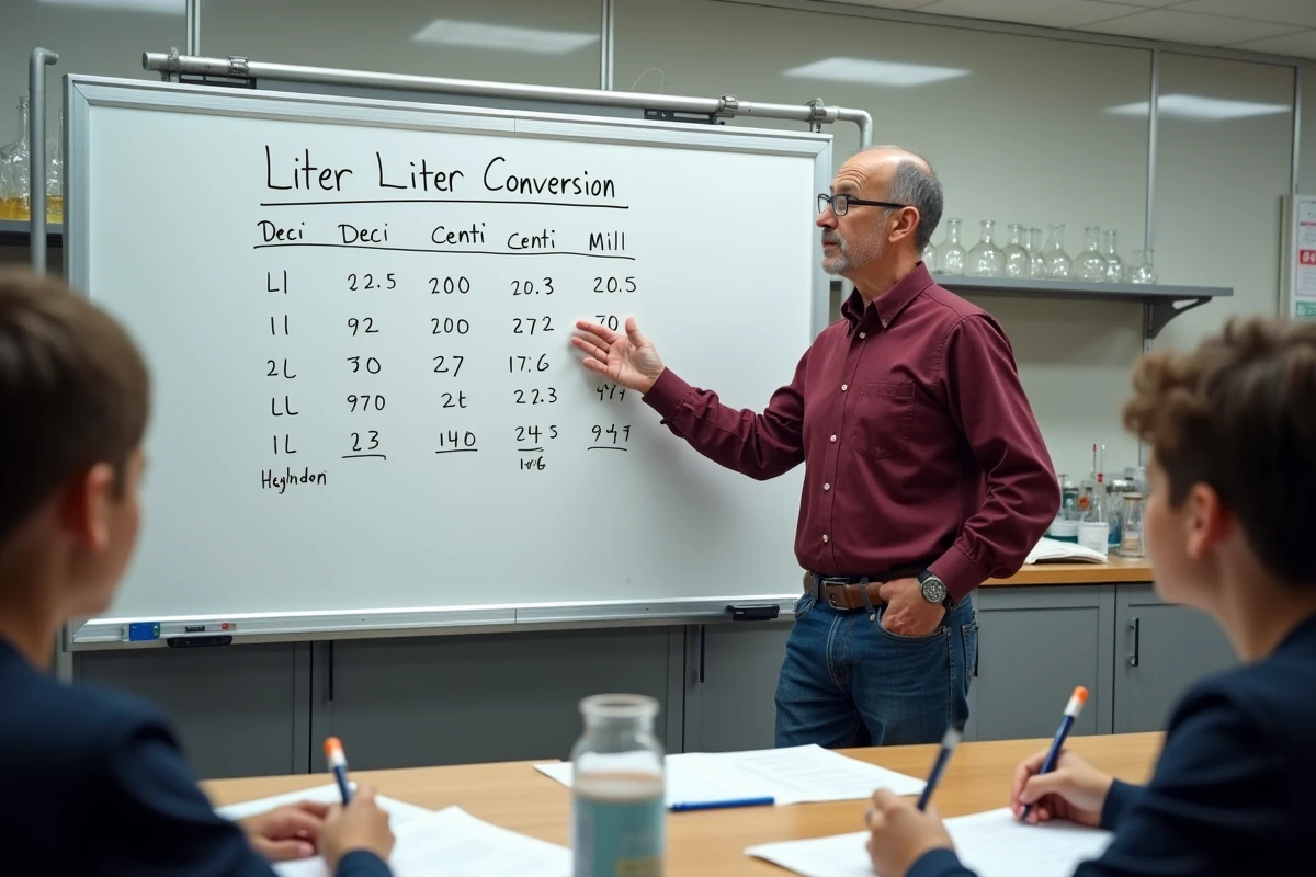 Professeur en blouse bordeaux explique la conversion litre en laboratoire
