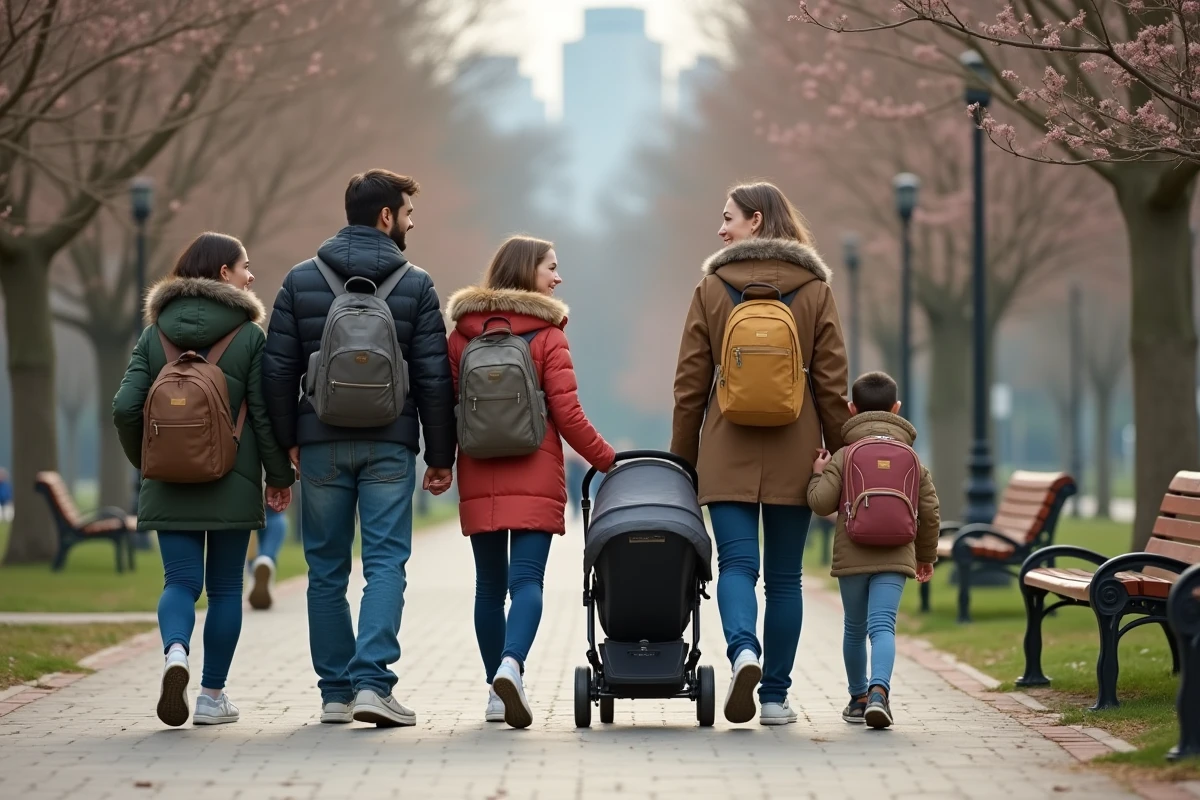 Famille multiculturelle se promenant dans un parc urbain