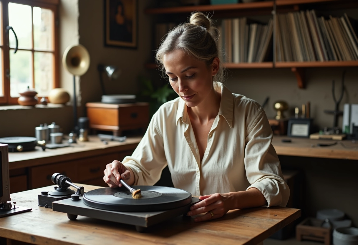 Femme inspectant un tourne-disque vintage dans un atelier lumineux