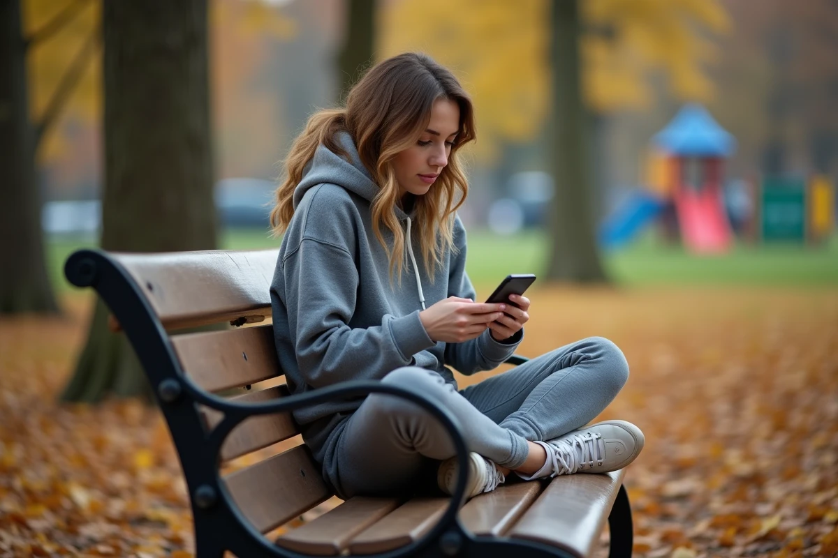 Jeune femme assise dans un parc jouant à Clash of Clans sur smartphone