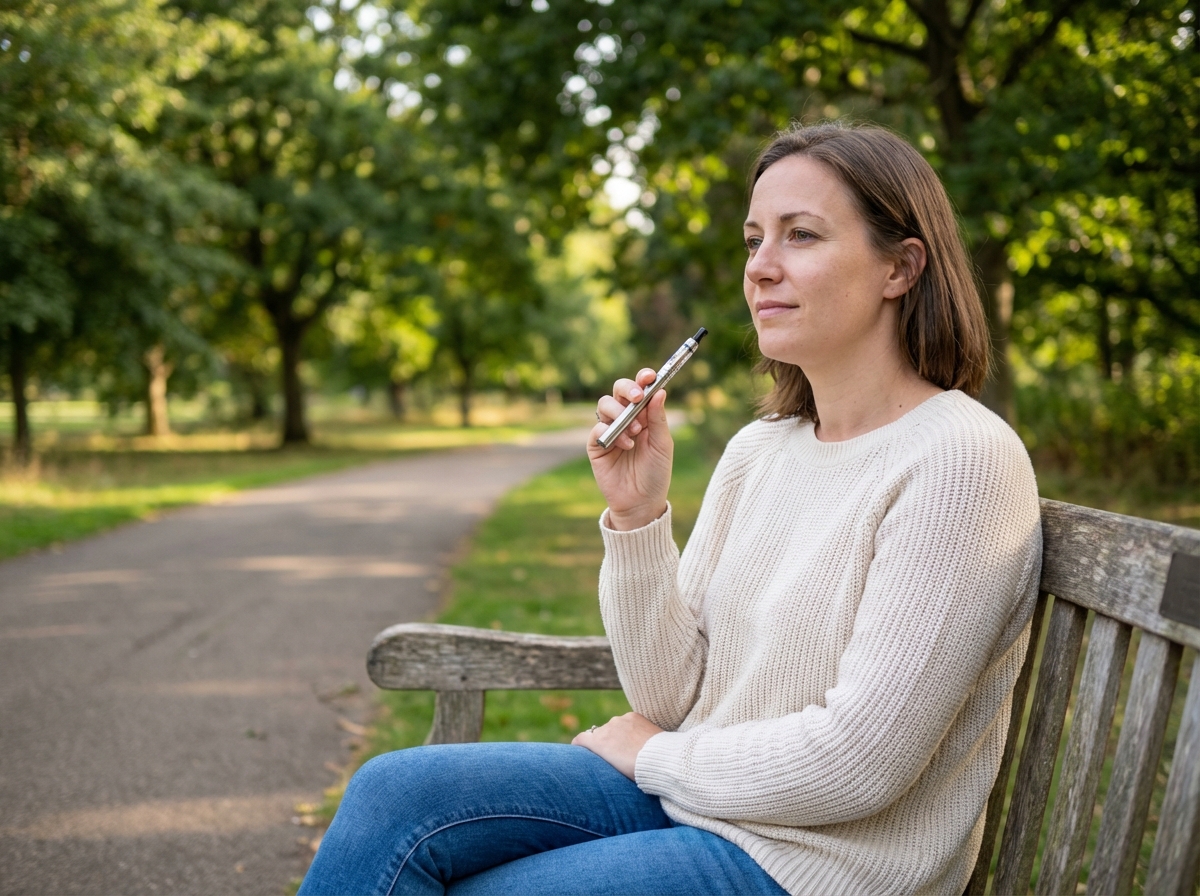 Femme en plein air tenant un vapoteur sur un banc de parc