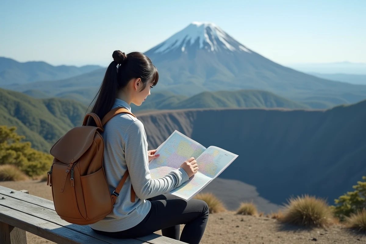 Jeune femme japonaise regardant la carte face au volcan
