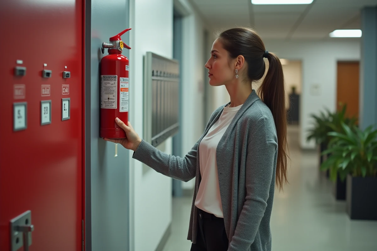 Jeune femme contrôlant un extincteur dans un couloir moderne