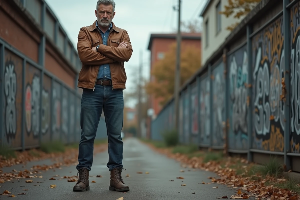 Homme en jeans et veste en cuir dans une rue urbaine