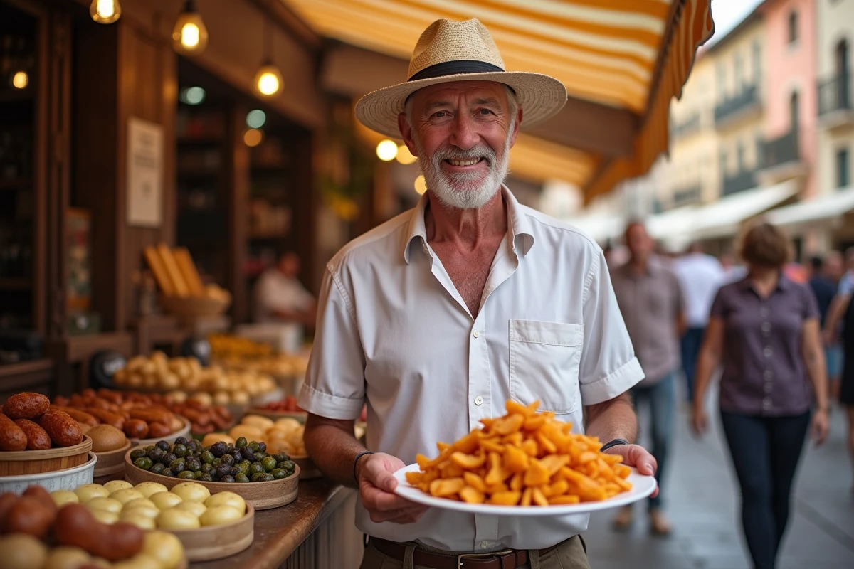 Homme catalan avec escalivada et produits locaux au marché