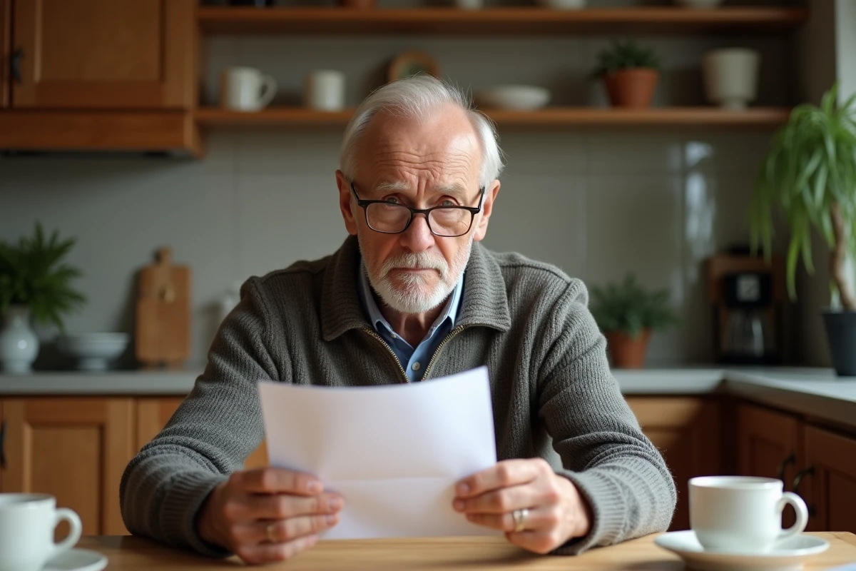 Homme âgé lisant une lettre dans sa cuisine chaleureuse