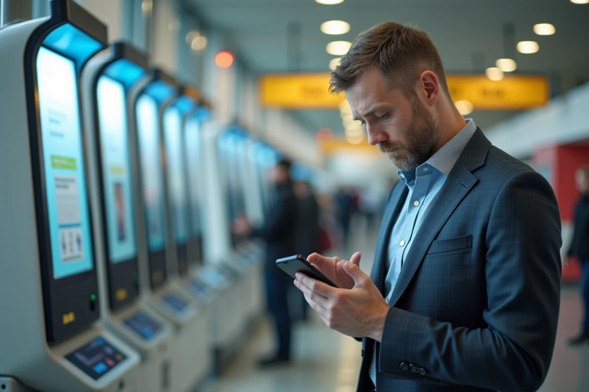 Homme d affaires utilisant un kiosque dans un bureau public