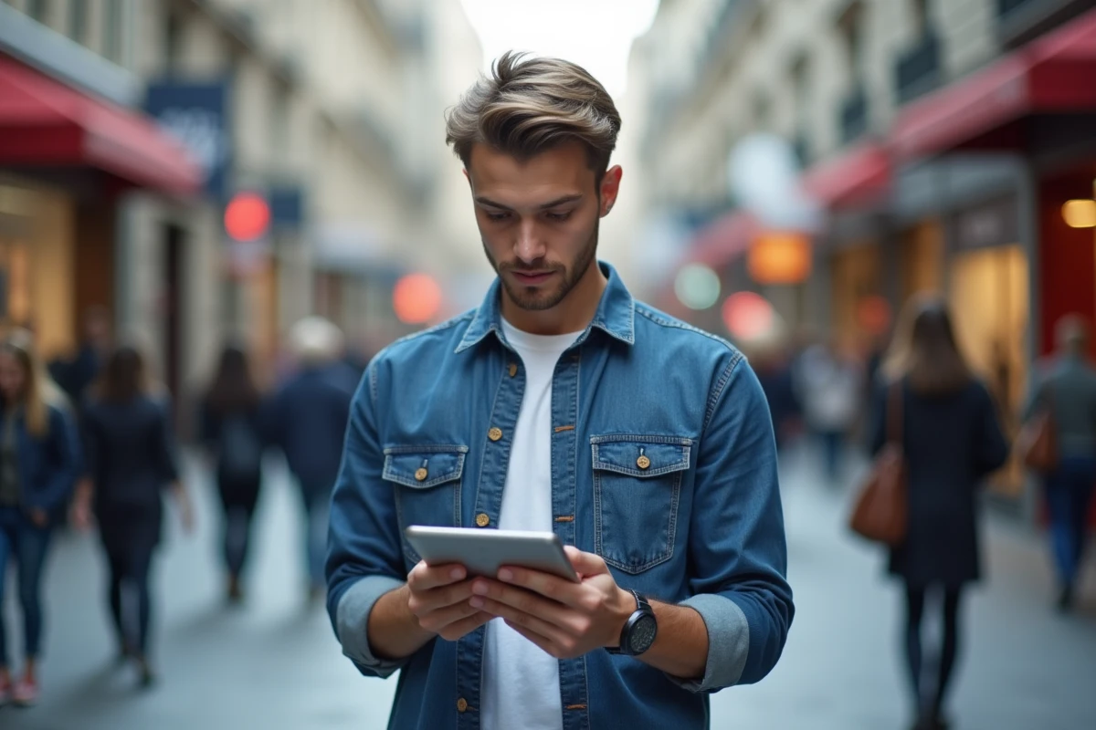 Jeune homme utilisant une tablette dans la rue urbaine animée