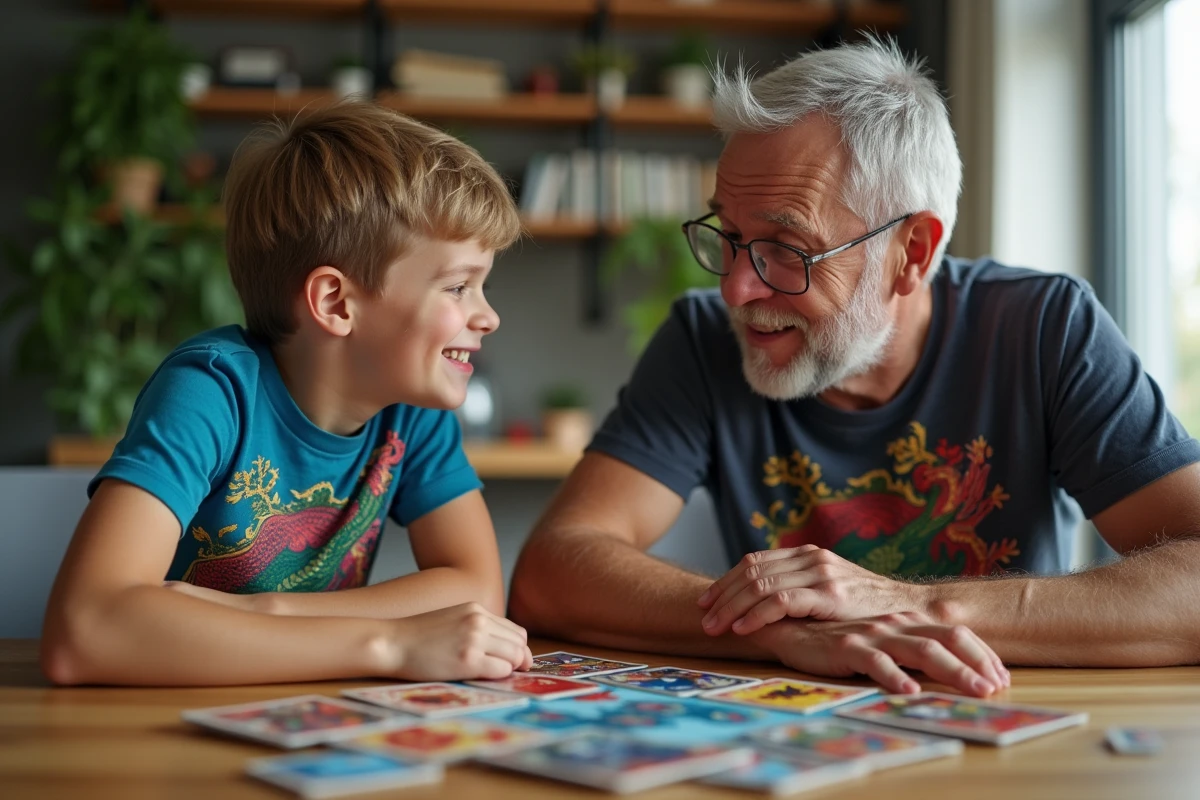 Homme et garçon jouent à un jeu de société avec dragons