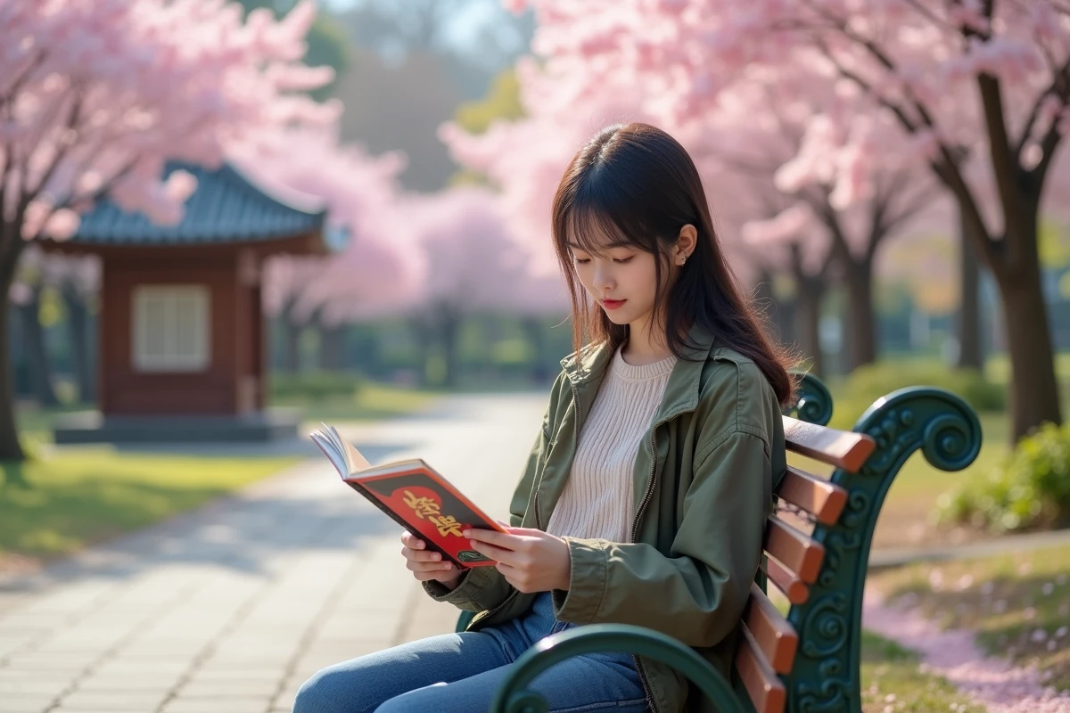 Jeune femme japonaise lisant manga dans un parc au printemps