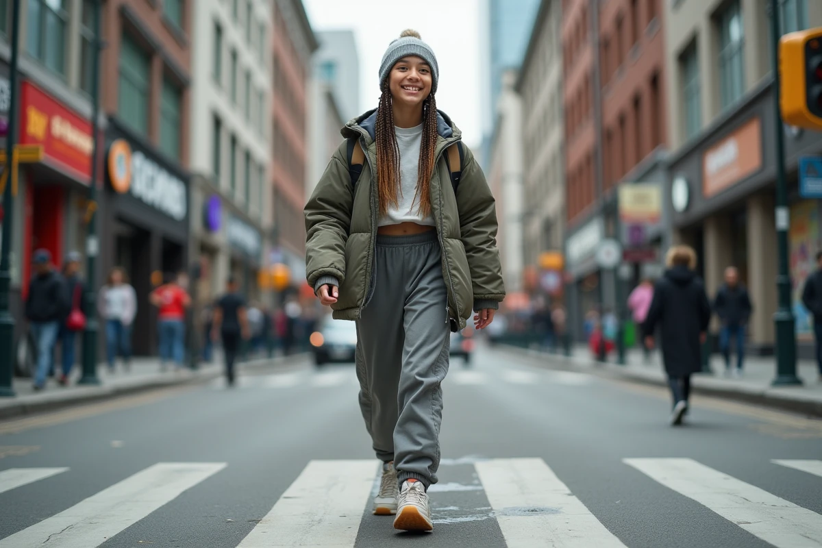 Fille en streetwear marchant dans une rue urbaine animée