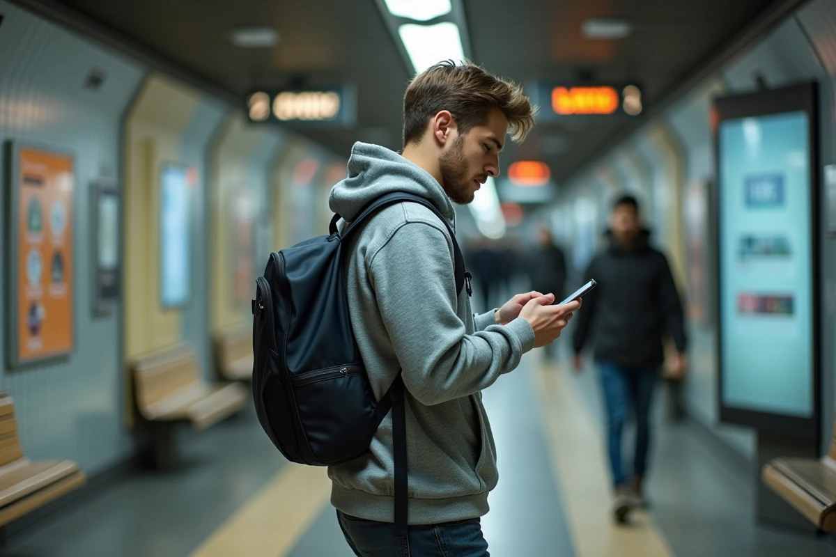 Jeune homme en hoodie vérifiant son smartphone à la station de métro