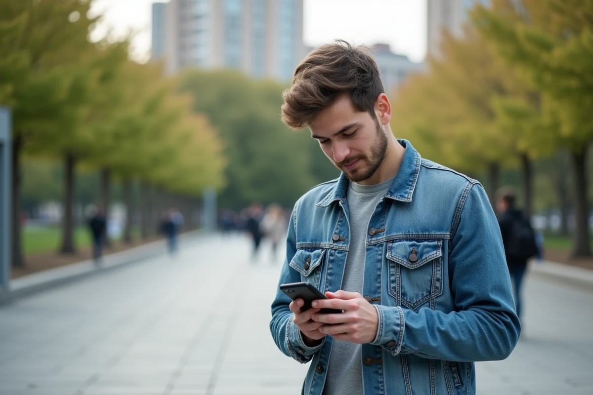 Jeune homme regardant son téléphone dans un parc urbain