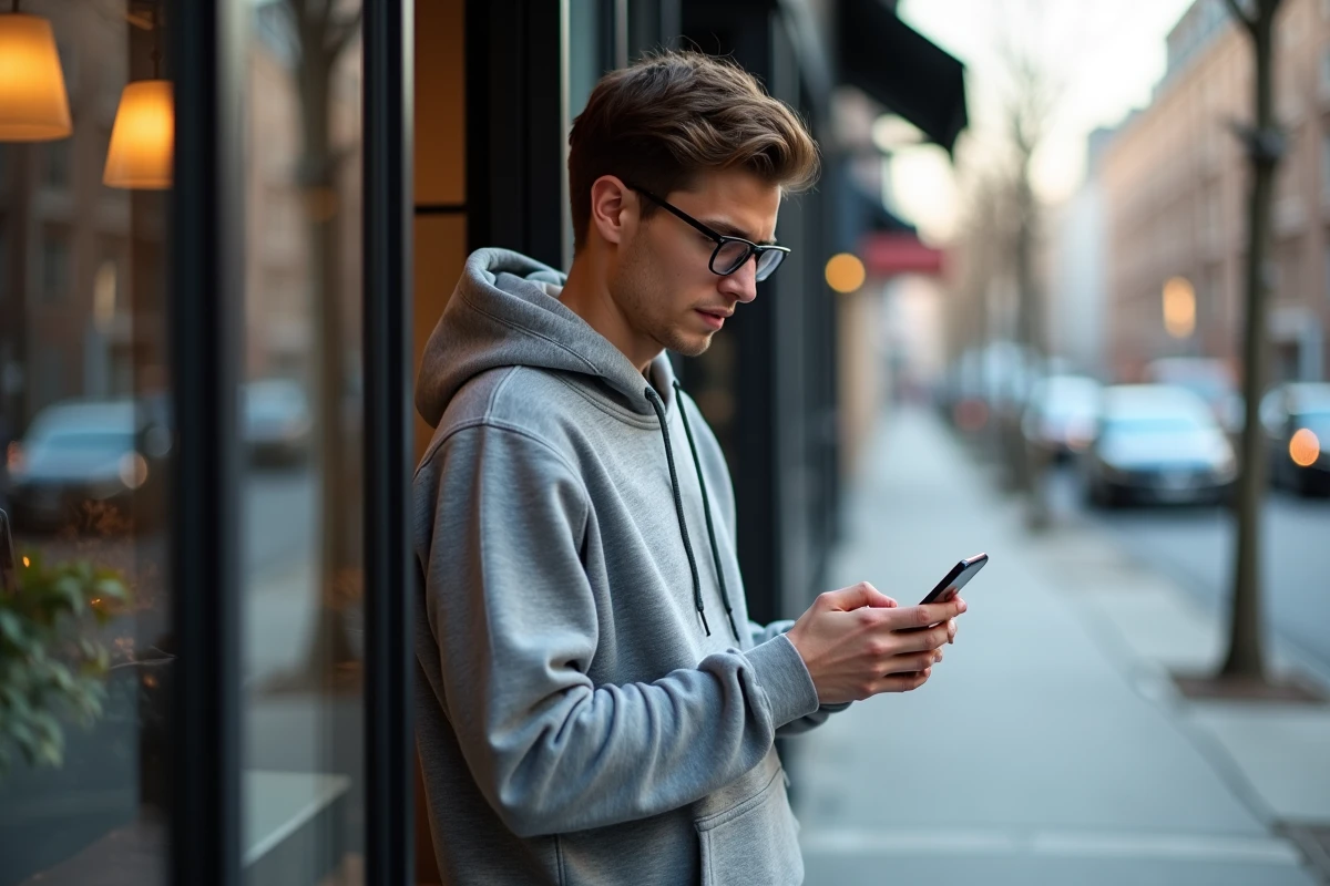 Jeune homme dans la ville en train de scroller son téléphone