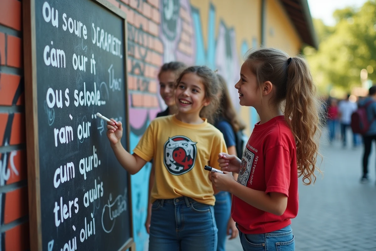 Trois adolescents discutant devant un mur graffite avec rimes en ou