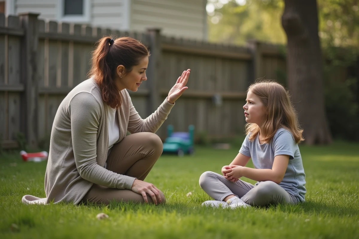 Maman parle calmement à sa fille dans le jardin