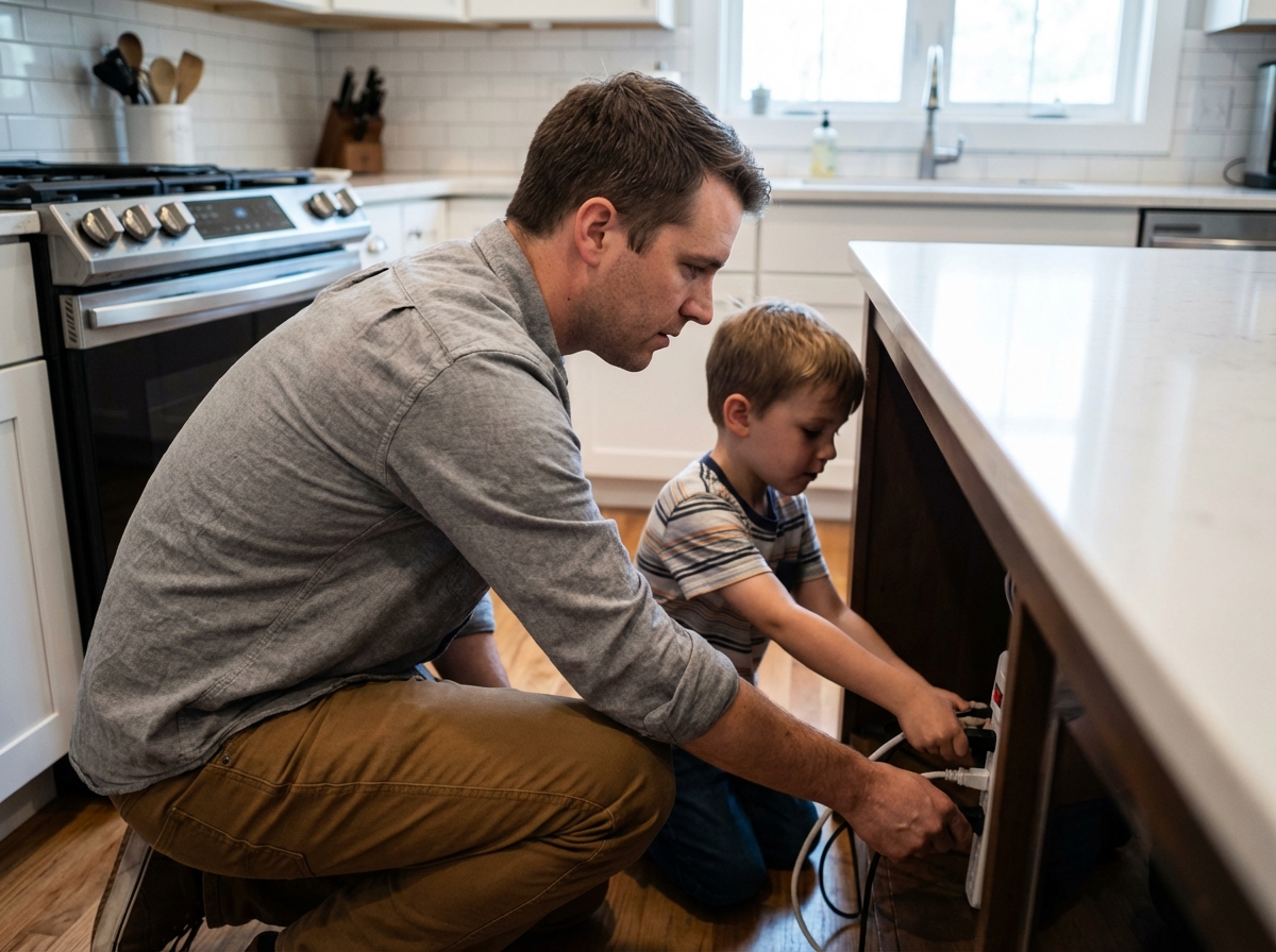 Père et fils débranchent des appareils dans la cuisine moderne