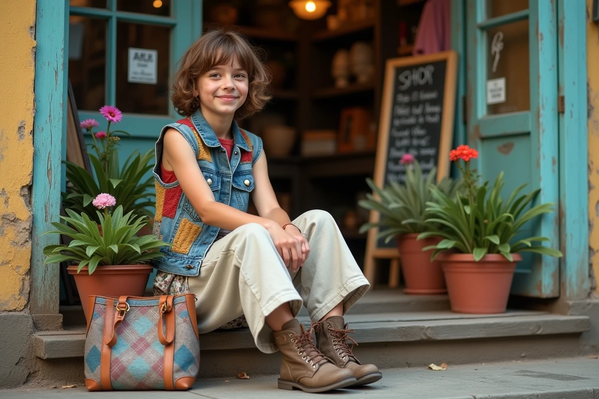 Adolescent nonbinaire dans une boutique vintage chaleureuse