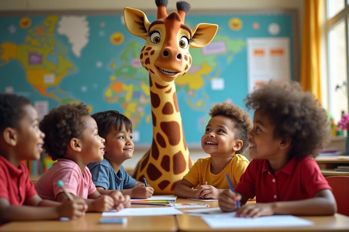 Enfants dans une classe regardant une affiche de Melman