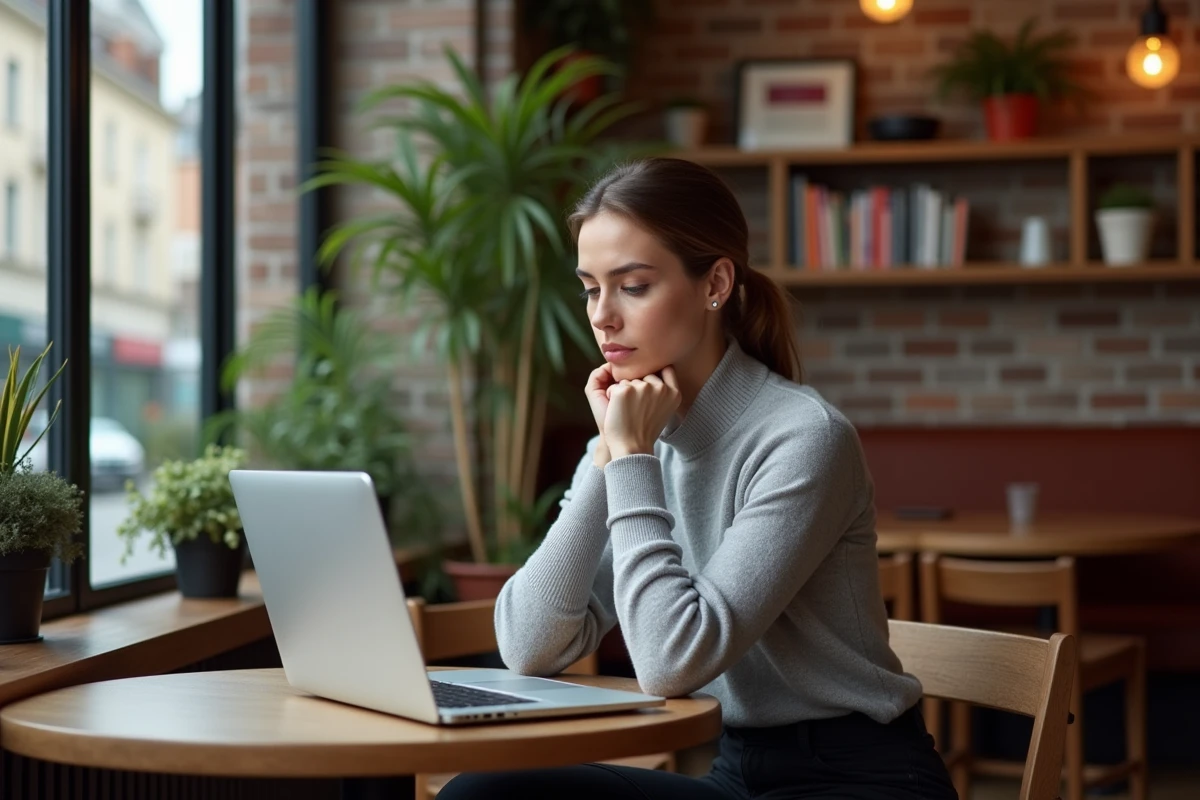 Femme lisant un article dans un café urbain
