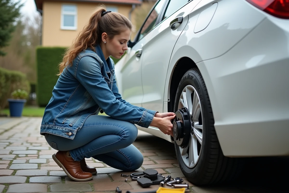 Jeune femme installant des plaquettes de frein sur une voiture