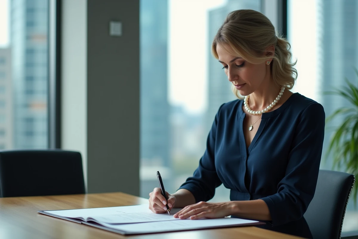 Femme élégante écrivant une lettre dans un bureau moderne
