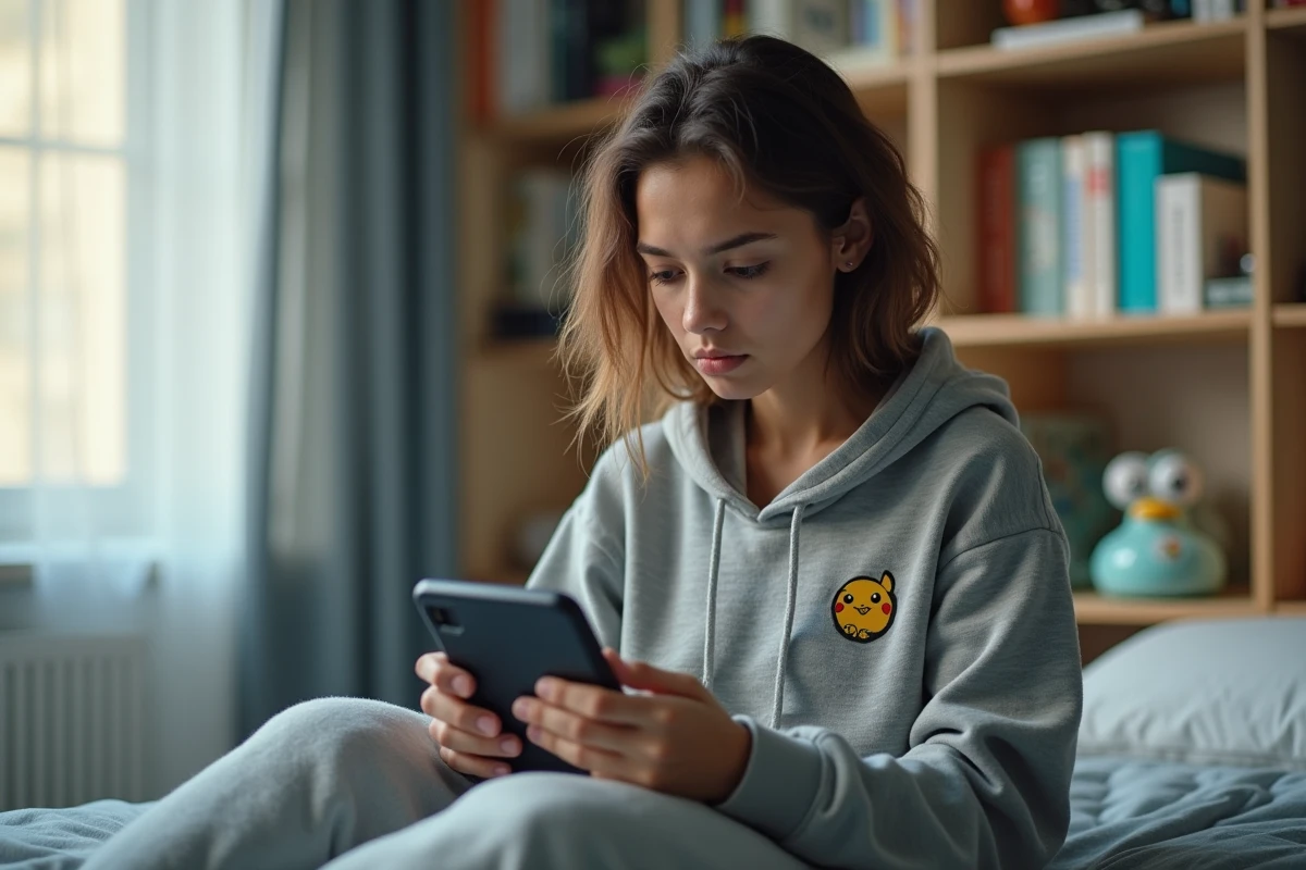 Jeune femme joue à un jeu portable dans sa chambre lumineuse