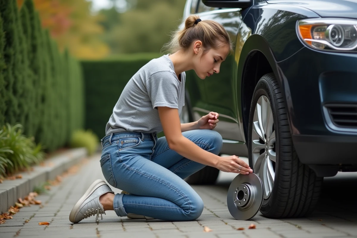 Jeune femme inspectant un disque de frein à l