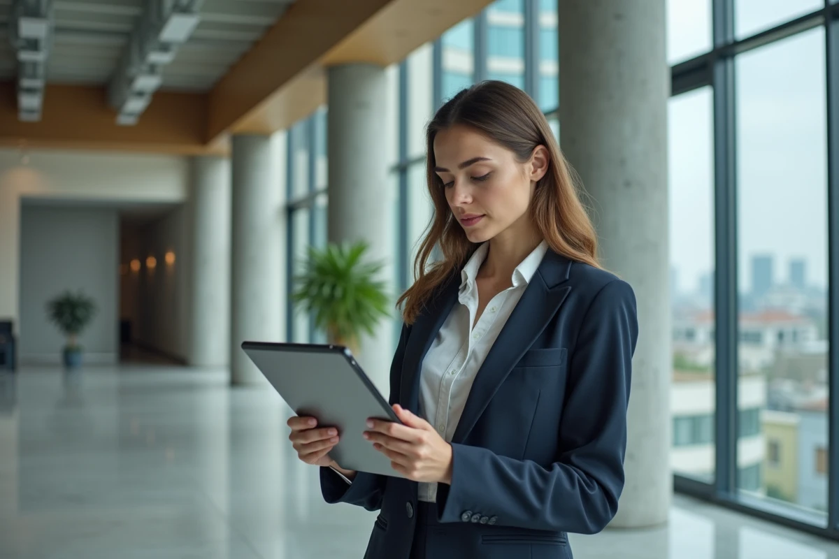 Jeune femme gestionnaire energie consulte un rapport sur tablette