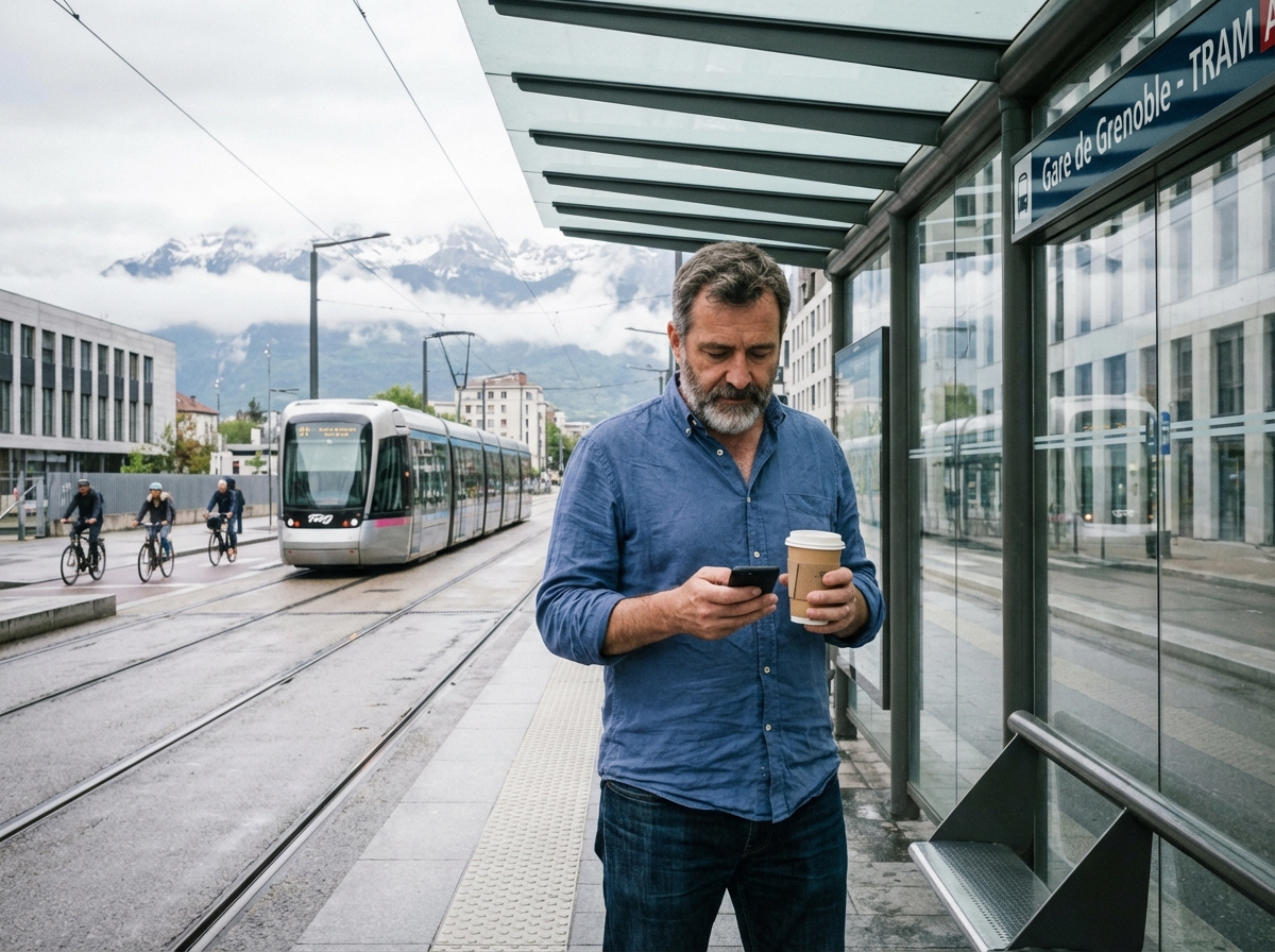 Homme vérifiant son smartphone à un arrêt de tram à Grenoble